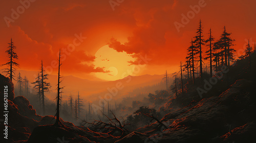 Step into a dystopian landscape where wildfires rage in the distance, casting an orange haze over a parched land, emphasizing the critical importance of addressing forest fires and climate change