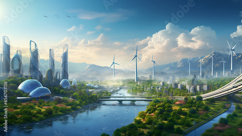 Visualize a future where renewable energy sources, like wind turbines and solar panels, power cities and homes, symbolizing the shift toward clean energy solutions in the fight against climate crisis #656703138