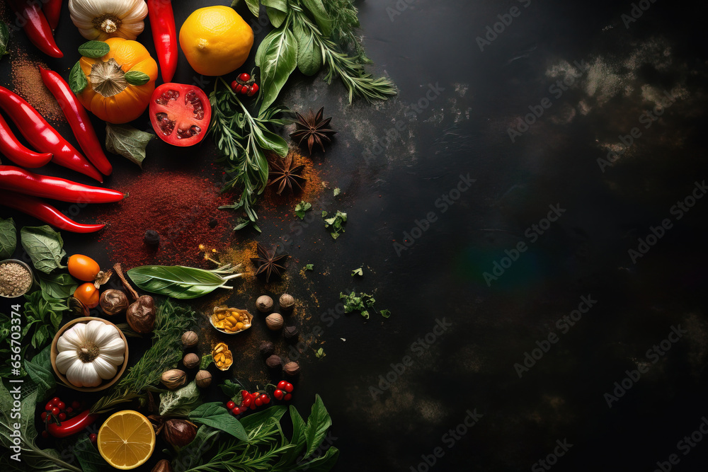 herbs, vegetables, cooking imagery in a minimalistic photographic approach, artistic arrangement and ambiance, wiTh empty copy space