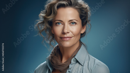 Woman tourist with big bag, backpack, isolated on blue background.