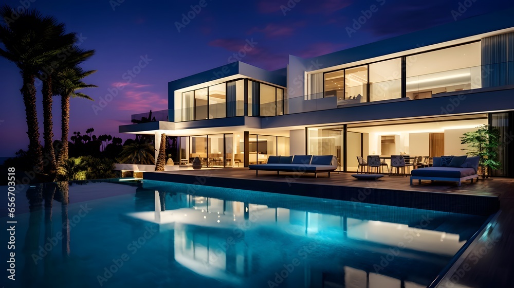Panoramic view of modern luxury house with swimming pool at night