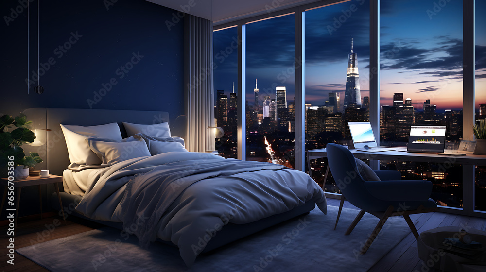 Explore a vibrant bedroom where a young professional sits comfortably