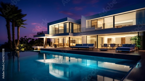 Panoramic view of modern luxury house with swimming pool at night