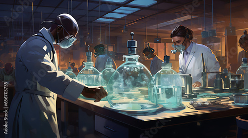 Step into a laboratory setting where scientists in lab coats and masks work diligently on research related to viral outbreaks, their faces etched with determination and urgency, surrounded by lab equi photo