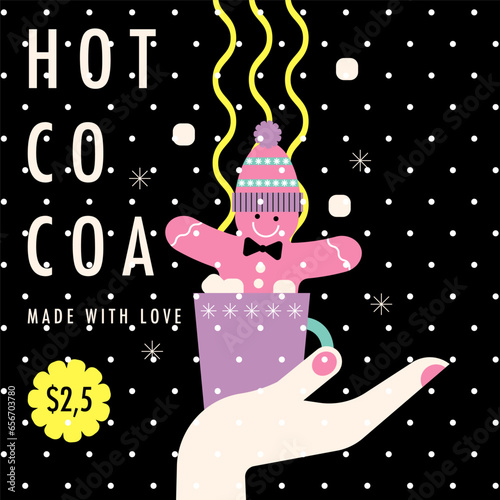 Cocoa with marshmallow in cup. Winter market. Drink, leisure and takeaway Xmas food concept. Hot chocolate in Christmas mug. Warm sweet cacao, gingerbread man and steam. Flat vector illustration.