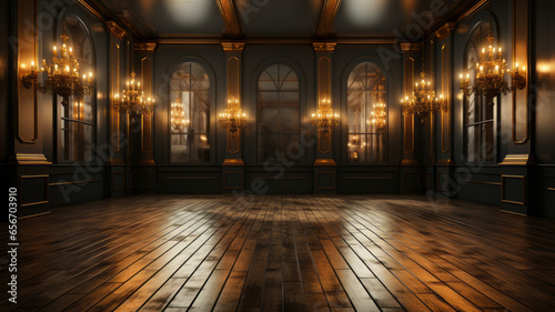 Room with wooden floor lighted with spotlightsมgenerative ai.
