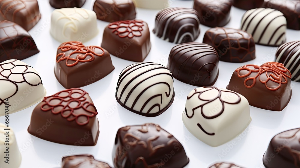 a delectable assortment of heart-shaped chocolate candies elegantly arranged on a pristine white background. The glossy sheen and intricate details of these sweets make them irresistibly tempting. a delectable assortment of heart-shaped chocolate candies elegantly arranged on a pristine white background. The glossy sheen and intricate details of these sweets make them irresistibly tempting.