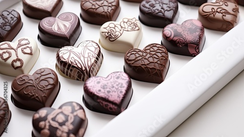 a delectable assortment of heart-shaped chocolate candies elegantly arranged on a pristine white background. The glossy sheen and intricate details of these sweets make them irresistibly tempting.