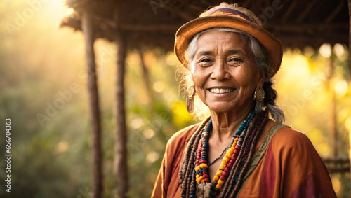 indigenous old woman smiling in her house, Amazon jungle tribe, Latin America, summer, dense jungle, living nature