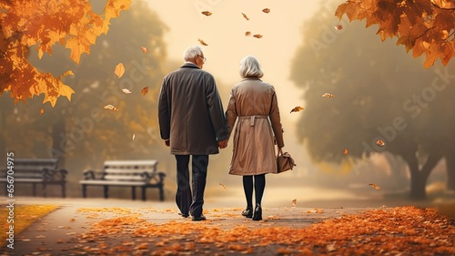 A heartwarming portrait of an elderly couple, their faces lit up with joy, as they stand hand in hand amidst the vibrant autumn foliage of a park.