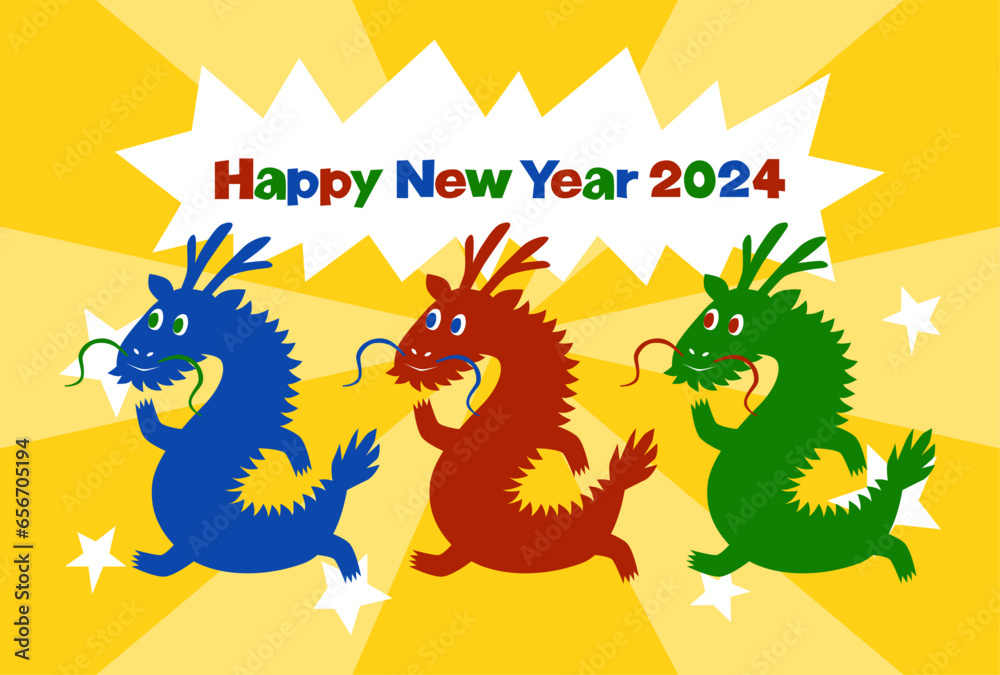 Obraz premium 2024年辰年のポップな龍の年賀状イラスト