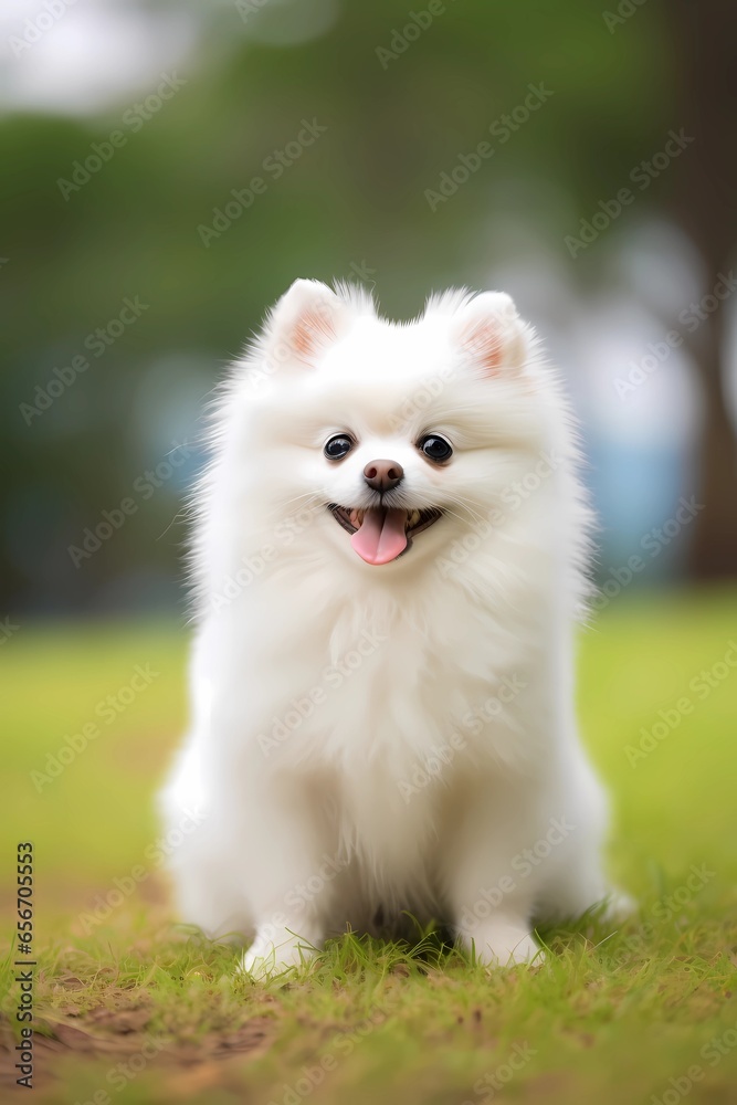 white pomeranian dog enjoying a park stroll