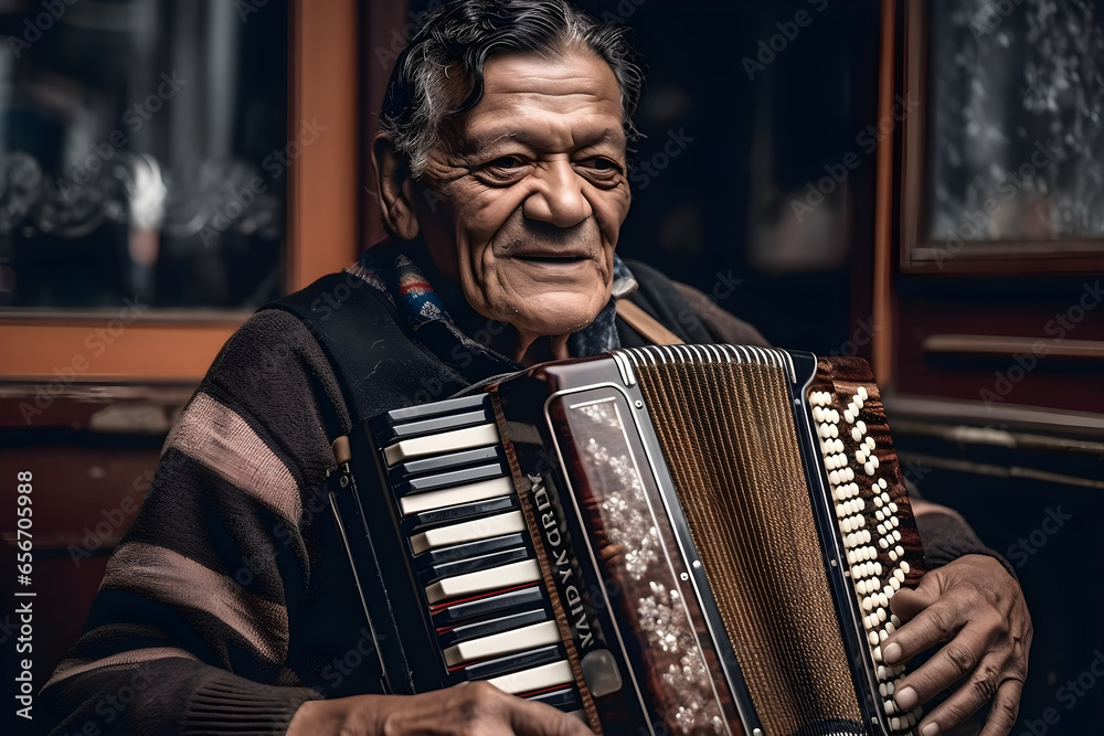 Portrait of a musician playing the accordion, musical instrument, folk band, Accordionist - obrazy, fototapety, plakaty 