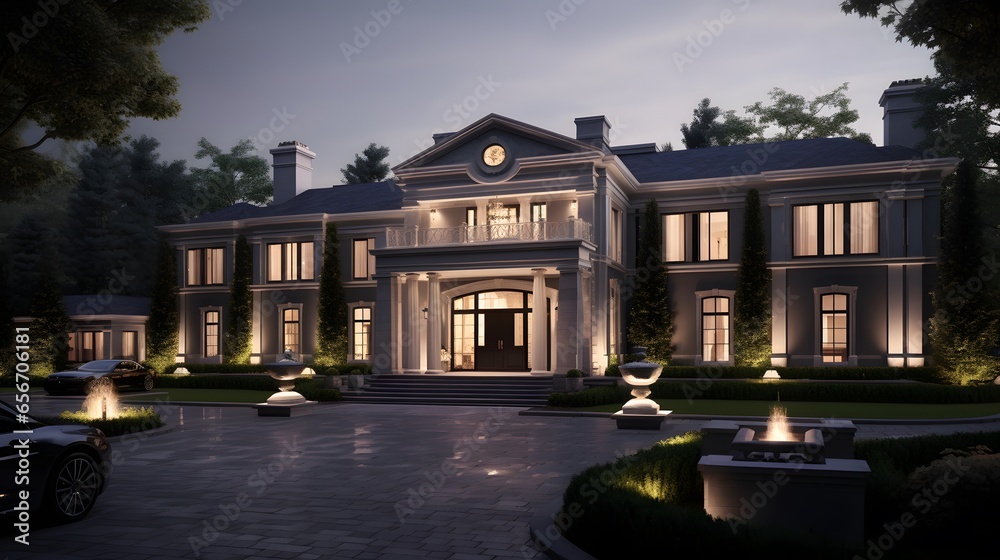 Luxury mansion in the evening, wide panoramic view