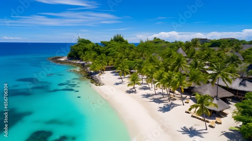 Aerial view of beautiful tropical beach with white sand, turquoise water and coconut palm trees