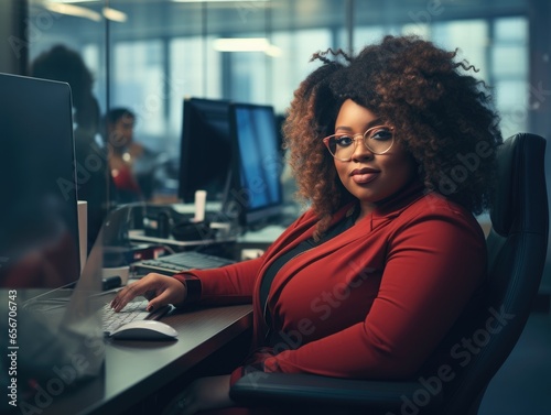 plus size happy curvy black woman manager modern office successful job business photo black photo