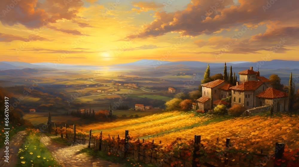 Panoramic view of the Tuscan countryside at sunset - Italy