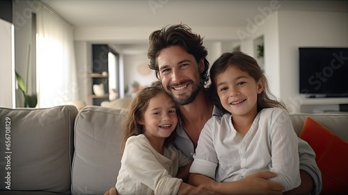 a loving young man hugs his wife and their precious daughter on the sofa. Their smiles and the warmth in their eyes create a perfect family portrait, embodying the essence of love and connection.