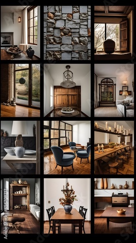 Collage of photos of the interior of the house in a loft style