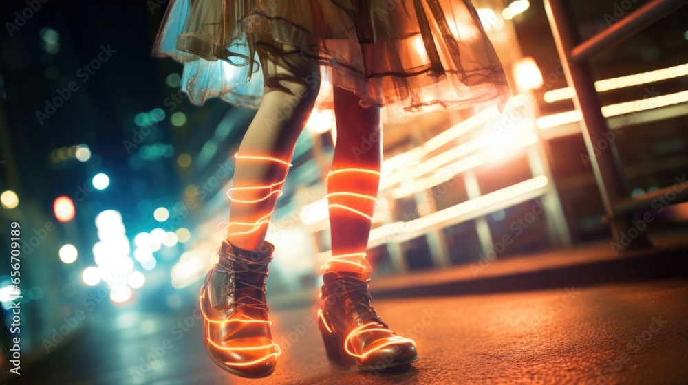 Cyberpunk city and futuristic shoes, bright neon colors and creative long exposure light painting streaks, only the coolest fashion hipsters walks these busy street at night.  - obrazy, fototapety, plakaty 