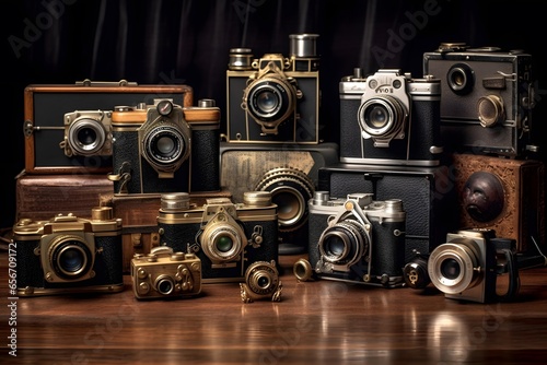 Old vintage cameras on a wooden table with a black curtain background.
