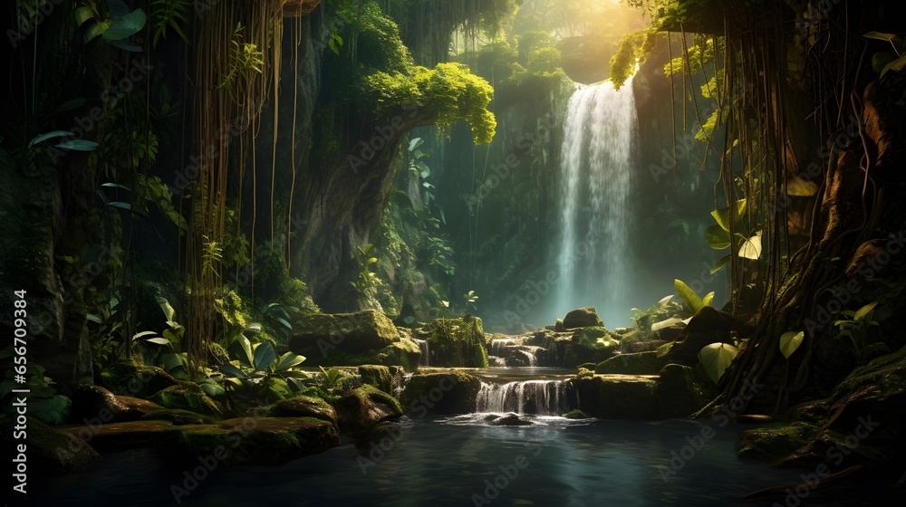 Panoramic view of waterfall in tropical rainforest. Nature background