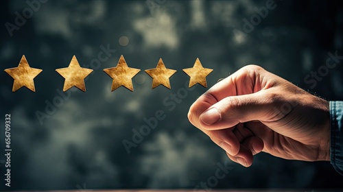 Five stars rating. Businessman hand pointing at five star rating on dark background photo