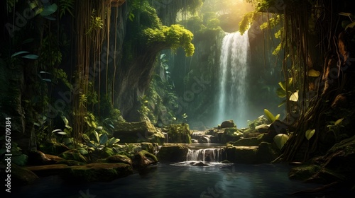 Panoramic view of waterfall in tropical rainforest. Nature background