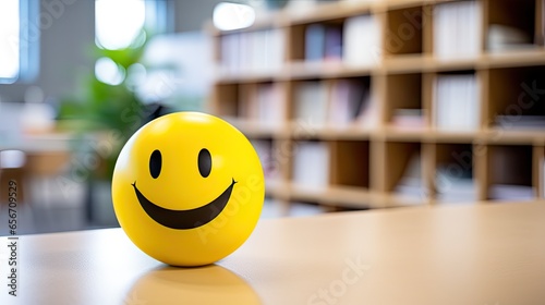 Smiley face on the desk in the office. Positive emotion concept