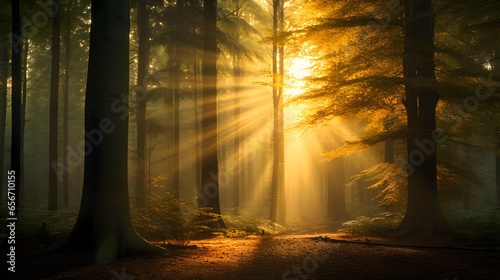 Mysterious forest in the morning light. Panoramic image.