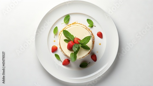  a white plate topped with a cheesecake covered in strawberries. generative ai