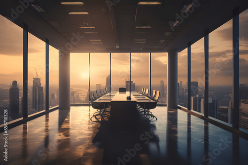 Conference hall. Modern office with windows and city views. Top floor of a skyscraper