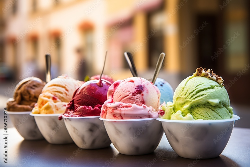 An evocative photograph that brings into focus the intricate swirls and rich flavors of Gelato, set against the lively backdrop of an Italian gelateria. The blurred visions of a sunlit Roman piazza - obrazy, fototapety, plakaty 