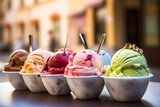 An evocative photograph that brings into focus the intricate swirls and rich flavors of Gelato, set against the lively backdrop of an Italian gelateria. The blurred visions of a sunlit Roman piazza