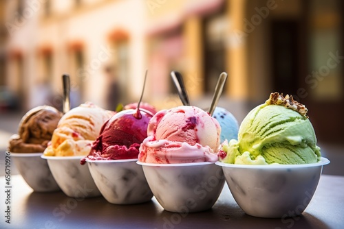 An evocative photograph that brings into focus the intricate swirls and rich flavors of Gelato, set against the lively backdrop of an Italian gelateria. The blurred visions of a sunlit Roman piazza photo
