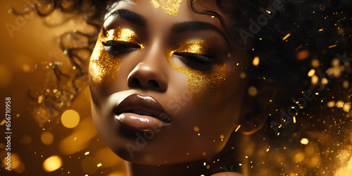 African American woman in gold on golden sparkling background, girl in golden dress. Luxury and premium photography for advertising product design.