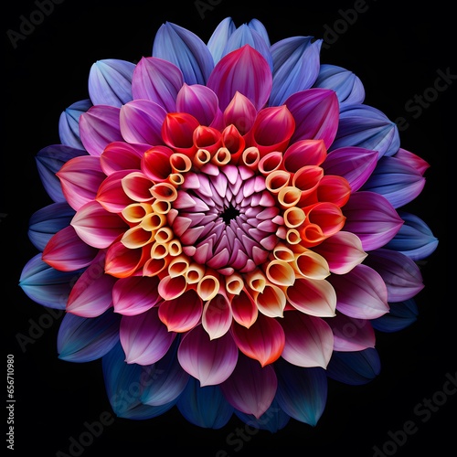 colorful dahlia on a black background with reflection. macro