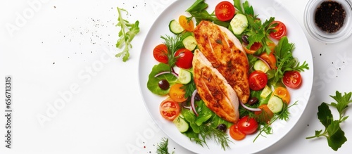 Keto friendly lunch chicken with salad on white table promoting health and diet with copyspace for text