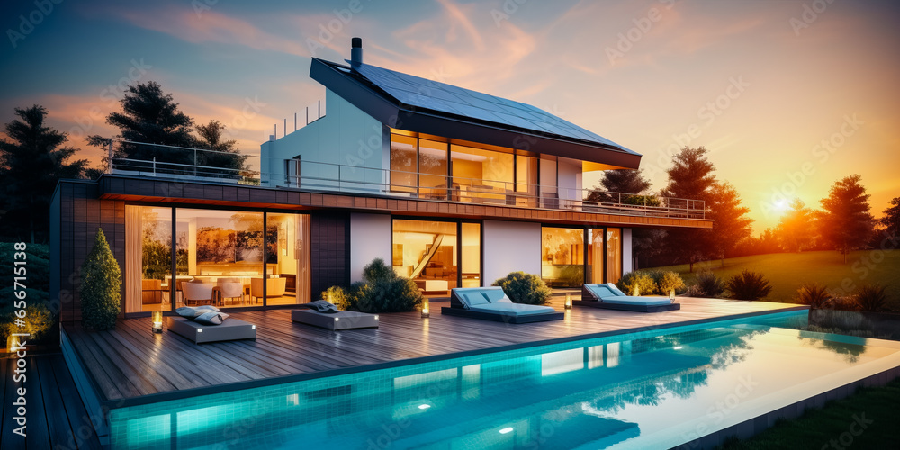 Fototapeta premium Beautiful modern house in sunset atmosphere with solar panels