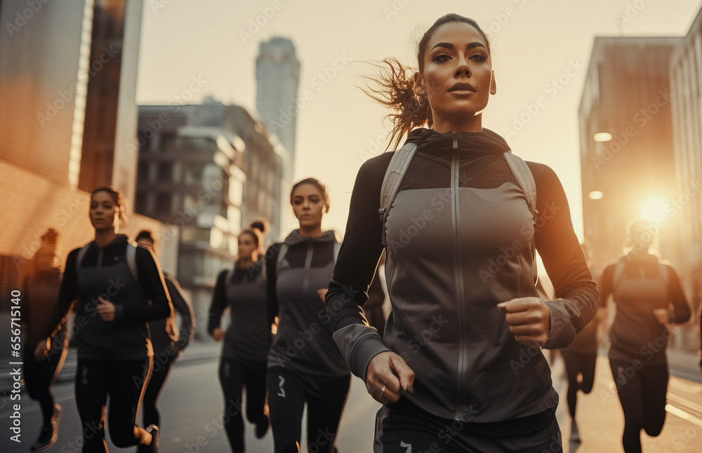 Fototapeta premium An urban fitness group for women warming up before a run through the city together