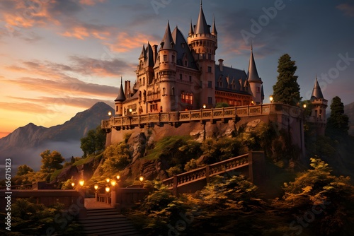 Beautiful panorama of a castle in the mountains at sunset.