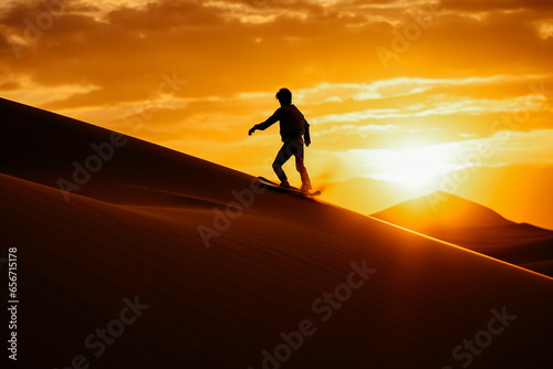 Boy sand surfing in the desert sand dunes © v.senkiv