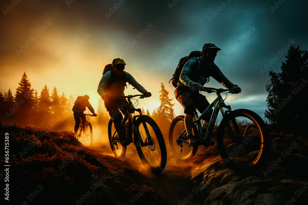 Obraz premium mountain bikers riding on forest trail