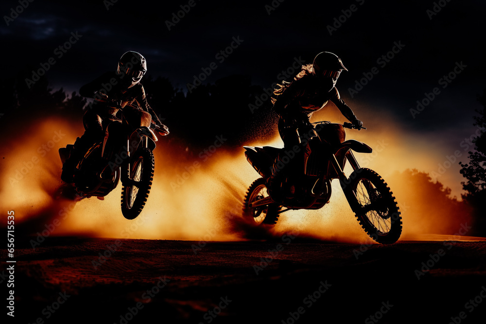 Two female motocross riders in midair, side view Two female motocross riders in midair, side view