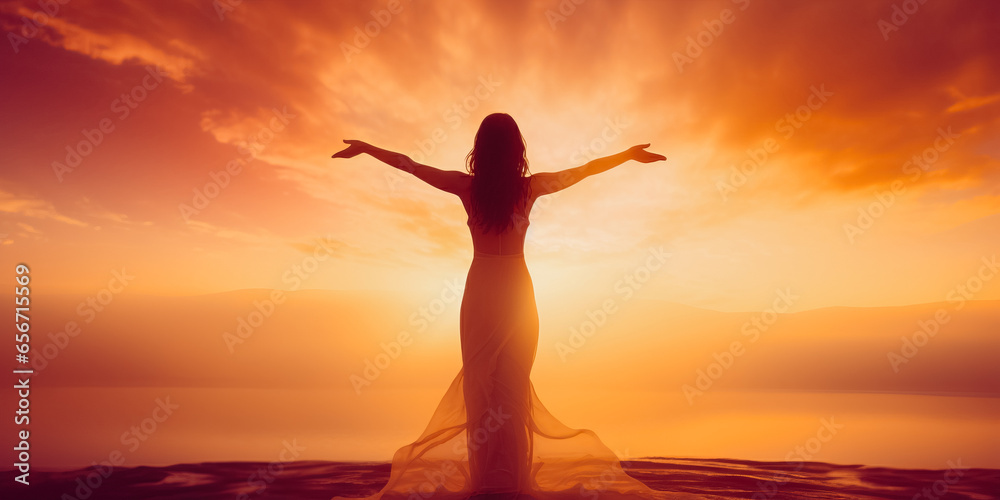 Woman with arms raised yoga pose