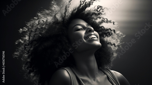 Portrait of a black, curly-haired woman with a big smile and joyous expression, with fluffy curly hair © Vitalo4ok