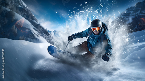 Snowboarder rides down the slope in winter, snowboarder on snowboard on snowy mountains. © Tanuha