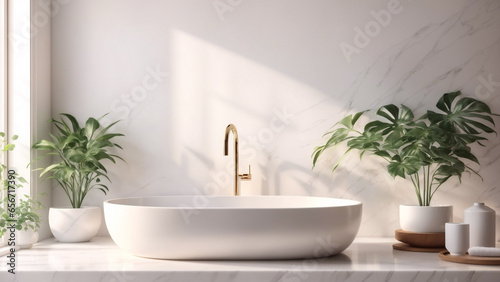 Bathroom interior features white sink and plants. Marble table wall  3d rendering  Sunlight