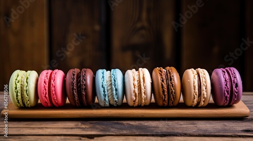  a row of macaroons sitting on top of a wooden board.  generative ai