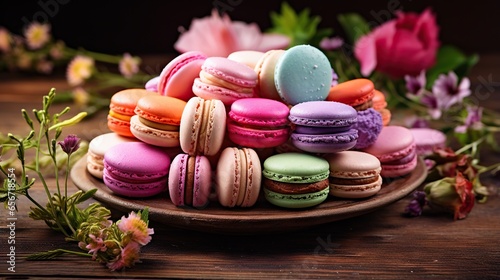  a plate of colorful macaroons on a wooden table.  generative ai